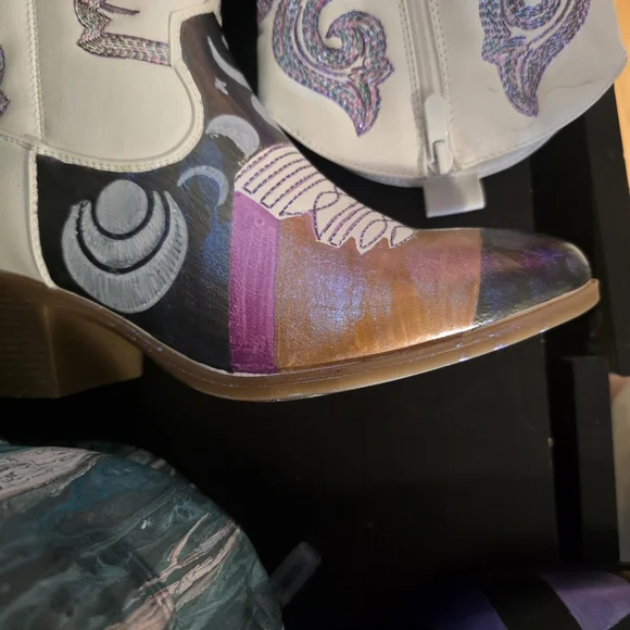 HANDCRAFTED Upcycle Cowgirl Boots HANDPAINTED Ankle Boots Block Heel Shoes 9.5 - Picture 10 of 16